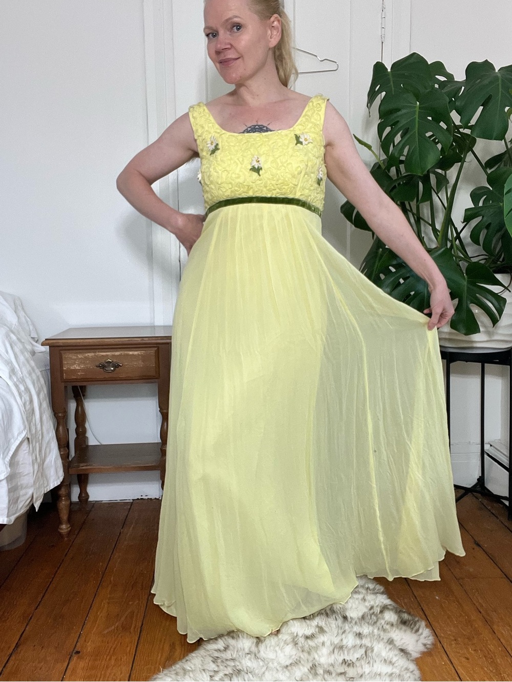Vintage 1960s Lemon Yellow Chiffon Maxi Dress Daisy Appliqué Empire Waist Boho